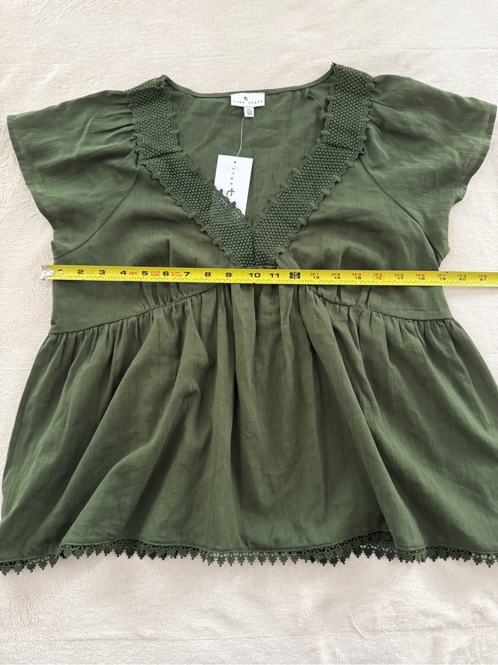 True Craft Olive Green V-Neck Peasant Top Bohemian Women's Blouse Size XL - Picture 6 of 6
